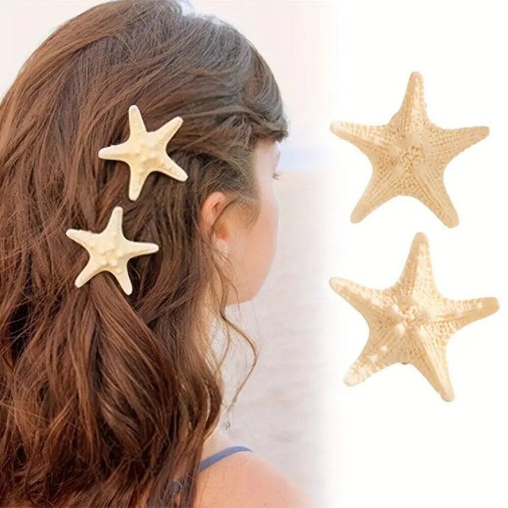 Ocean-Inspired Resin Elegant 2pcs Starfish Shell Barrette Hair Clip Set
